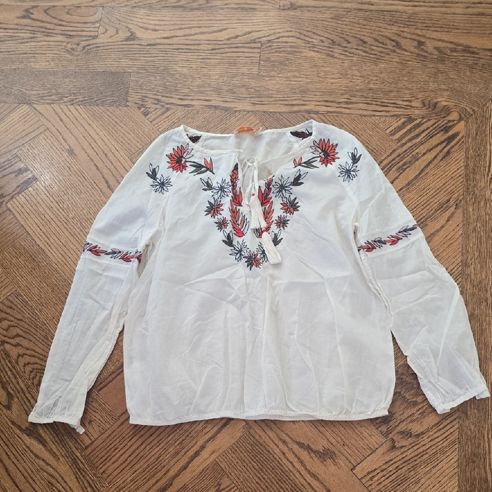 Tory Burch White Blouse with Red and Blue Embroidery